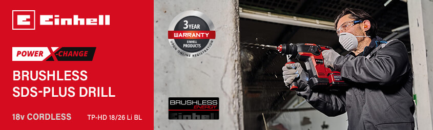 Einhell TP-HD 18/26 Li BL
18v Power X-Change Cordless
Brushless SDS-Plus Drill Einhell TP-HD-18-26-Li-BL 18v Power-X-Change Cordless Brushless SDS-Plus Drill