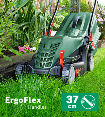 For back-friendly mowing –
great results, right to the edge. Bosch UNIVERSALROTAK 37-565 Electric Lawnmower 37cm 1400 W motor Clean edges Ergoflex handle