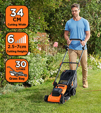 Black+Decker BEMWP340 Electric Rotary Lawnmower – 34cm Cutting Width, 30L Grass Bag Man mowing a lawn with the Black+Decker BEMWP340 electric rotary lawnmower, showing 34cm cutting width, 6 cutting heights (2.5–7cm) and 30-litre grass bag