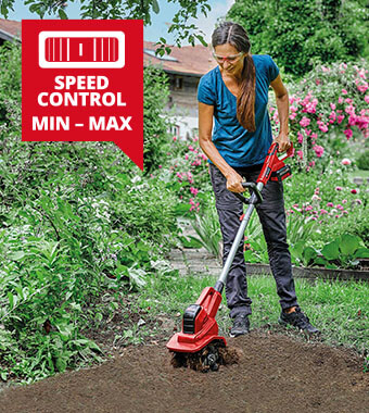 Electronic speed control for
increased flexibility. Einhell GE-CR 18-20 Li E 18v Cordless Tiller speed control