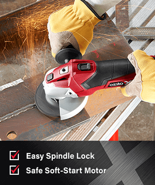 PXAGS-500 18v Angle Grinder:
• 115mm Grinding Disc for general purpose grinding
• Easy Spindle Lock for quick disc change
• Soft Start Motor for additional safety
• Ergonomic Sure Grip Handle for user comfort
• 3 Position Side Handle for additional user control Ozito PXDDGK800U PXAGS500 Ergonomic Angle Grinder Spindle Lock