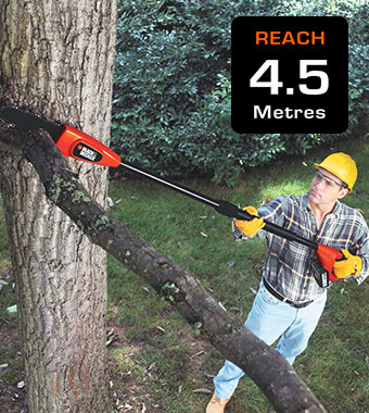 Providing an overhead reach
of up to 4.5 Metres Black Decker GPC1820L 18v Cordless Power Connect Pole Tree Pruner