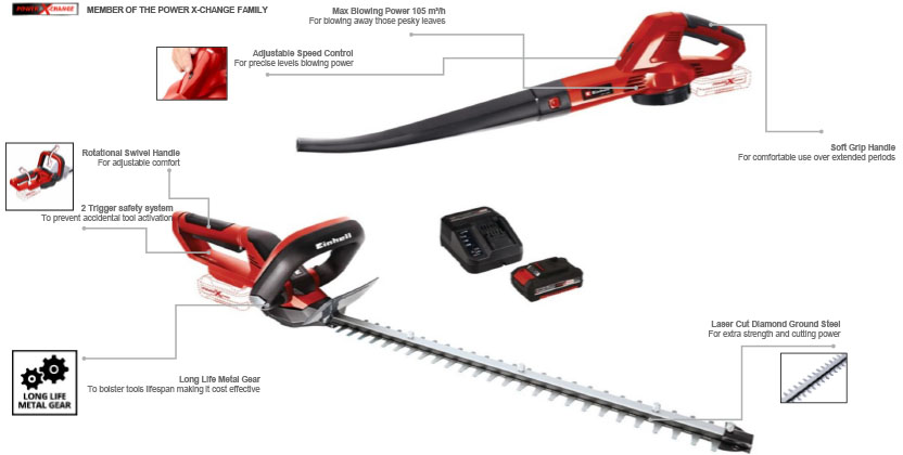 The GE-CH 1855/1 hedge trimmer has a 550mm blade
with laser cut, diamond ground teeth, and the GE-CL
18 Li E blower is a compact and lightweight tool which
is suitable for clearing up hedge and grass clippings as
well as fallen leaves during the autumn and winter. Einhell 2-Piece 18v Hedge Trimmer Leaf Blower Kit