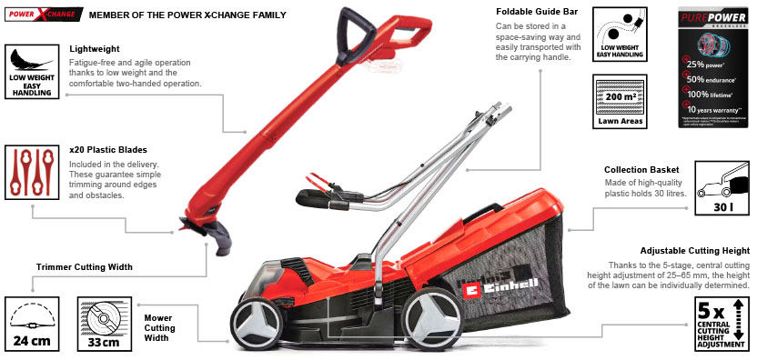 Cordless garden maintenance kit
designed for homeowners seeking a
cable-free solution for lawn care. Einhell GE-CM 18/33-2 Li 18v Cordless Lawnmower and Grass Trimmer lawn care Set