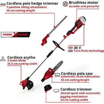 Einhell GE-LM 36/4in1 Li 36V Cordless Multi-Tool – 4 Attachments: Pole Hedge Trimmer, Pole Saw, Scythe, Line Trimmer Einhell GE-LM 36/4in1 Li 36V cordless multi-tool attachments diagram – pole hedge trimmer 45cm, pole saw 45cm, cordless scythe 25.5cm, line trimmer 33cm, brushless motor, Twin-Pack 36V technology