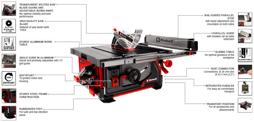 Features & Benefits
• Sliding table for perfect feeding of the workpiece
• Rip fence can be mounted on either side
• Rail-guided rip fence with precision adjustment
• Rip fence with foldable rail as table extension
• Sturdy, aluminium angle stop with precision adjustment
• Angle stop with 15° grid pattern
• Transparent, split blade guard for perfect view
• Saw blade tilts up to 45° for mitre cuts
• Riving knife with precision lateral adjustment
• Robust aluminium work table
• Ø 36 mm and Ø 63.5 mm (2.5") connections for dust extraction
• Integrated carrying handle for easy transport
• Transport position with accessory brackets
• Sturdy steel-frame construction
• Rubber feet for high stability and low vibration
• Soft-start function to protect the motor and transmission Einhell Professional TP-CC 10 T 2000W Table Saw Features