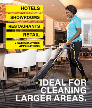 Ideal for cleaning larger areas -
whether in retail trade, showrooms,
hotels, restaurants or various other applications. Karcher CV38/2 ADV Professional Upright Vacuum Cleaner New 2020 Model