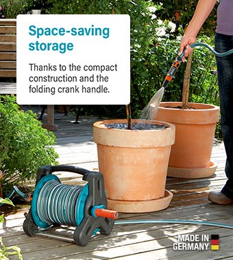 Space-saving storage
Thanks to the compact construction
and the folding crank handle. Mobile Compact Hose Reel Set Space-saving Storage