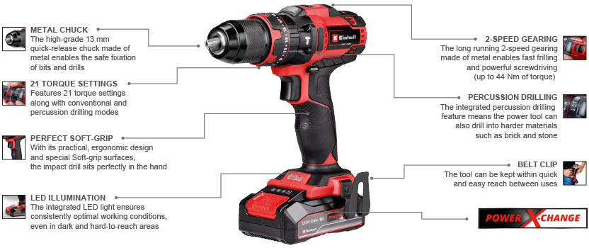 Features & Benefits
• Impact drilling function for drilling into stone and masonry
• 2-speed transmission for powerful drilling and screwing
• High-quality, 13 mm quick-release metal chuck
• Speed electronics to adapt to the material
• Ergonomic design with Softgrip inserts for comfortable operation
• Belt clip to attach the tool securely to the belt
• Integrated LED light to illuminate the work area Einhell TE-CD 18/44 Li 18v Combi Drill Speed electronics Softgrip Impact drilling