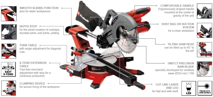 Features & Benefits
• Boundless reach of action, no annoying cable, nothing to wind
• A smoothly running drag function for wide workpieces
• Turntable with precise angle setting for angular cuts
• Saw head tilts up to 45° to the left for mitre cutting
• X-Tend workpiece supports with tool-free single-hand adjustment
• High-grade precision saw blade
• Laser and LED for easy and safe use
• Clamping device for holding the workpiece securely in position
• Includes dust bag to keep the workplace clean Einhell TE-SM 36/10 L Li 36v Compound Mitre Saw X-Tend