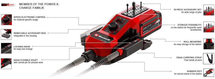 Features & Benefits
• Speed electronic control for material-specific usage
• Lock button for easy tool change
• Flexible shaft with narrow pin for precise work
• Practical holder for flexible, 92 cm long shaft
• Rubber feet for secure stand of the station
• 150 cm carrying strap for flexible use of the station
• Accessory holder on the station for frequently used accessories
• Additional removable accessory box integrated in the housing
• Wall mounting for easy storage of the station
• 55-piece accessory set for a wide range of jobs Einhell TE-MT 18/34 Li Cordless Rotary Multi Tool