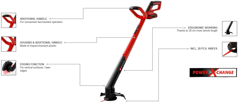 Features & Benefits
• Member of the Power X-Change family
• 180° rotatable motor head: For vertical surfaces/lawn edges
• Additional handle for safe two-hand guidance
• Ergonomic design for comfortable, back-friendly use
• Housing made of impact-resistant, robust plastic
• Pistol shape for convenient handling
• Stable blade holder for longer blade life
• Incl. 20x plastic knife<br /> Einhell GC-CT 18/2411 Li P 18v Grass Trimmer