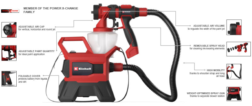 Features & Benefits
• Semi-stationary system for medium to large work surfaces
• Suitable for spraying paints and glazes
• Adjustable amount of air to regulate ink jet width
• Adjustable amount of ink to regulate ink application
• Adjustable air cap for vertical, horizontal and omnidirectional jet
• Weight-optimised spray gun thanks to separate blower station
• High mobility thanks to shoulder strap and long air hose
• Removable spray head for cleaning painted elements
• Folding cover protects battery from liquids and dirt
• Safe, comfortable handling thanks to softgrip
• Incl. 3 nozzles for different varnish, glaze and paint viscosities
• 1200 ml paint container with measuring scale and lid TE-SY 18/90 Li 18v Spray glaze varnish jet System