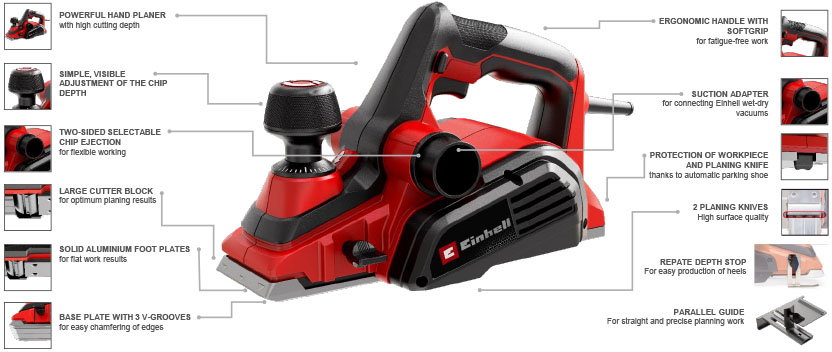 Features & Benefits
• Powerful hand planer with high cutting depth
• Large cutter block for optimum planing results
• Two-sided selectable chip ejection for flexible working
• Solid aluminium foot plates for flat work results
• Base plate with 3 V-grooves for easy chamfering of edges
• Simple, visible adjustment of the chip depth
• Protection of workpiece and planing knife thanks to automatic par
• Rip fence for straight and precise planing work
• Folding depth stop for easy production of heels
• Suction adapter for connecting Einhell wet-dry vacuums
• Ergonomic handle for fatigue-free work
• Comfortable and safe handling thanks to softgrip
• Incl. 2x long-life TCT planing knives (reversible knives) Einhell TE-PL 920 Electric Planer Reversible TCT blades Rip fence Ergonomic softgrip dust port chip ejection chamferring