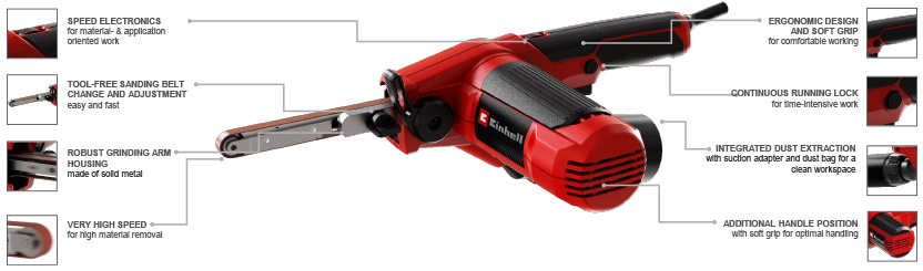 Features & Benefits
• Low-fatigue work thanks to endurance lock
• Speed electronics with dial
• Integrated dust extraction with suction adapter and dust collection sack
• Robust, solid metal grinding arm housing
• Handle with softgrip surfaces
• Tool-free sanding belt adjustment and tensioning Einhell TC-BF 500 E Belt File Sander 500 watt motor speed control