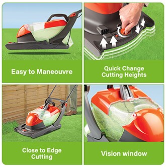 Features:
•Easy to Maneouvre.
•Quick Change Cutting Heights.
•Close to Edge Cutting.
•Know when to Empty - Vision window. Flymo GLIDER COMPACT 330AX Collect Hover Mower 330mm