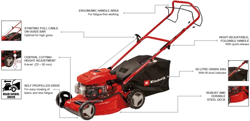 Features & Benefits
• 4-stroke 132cc engine with 1 cylinder
• Disengageable rear-wheel drive
• Central cutting height adjustment, 9 levels
• Ergonomic folding handle
• Height-adjustable long handle
• Attractive, powder-coated sheet steel housing
• Hard-wearing large-capacity textile grass bag + level indicator
• Handle with starter cable
• Recommended for lawn areas up to 1,400 m² Einhell GC-PM 46/5 S Petrol 132cc Lawnmower rear-wheel drive Self-Propelled