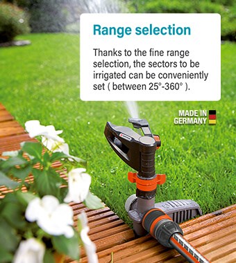 range selection
Thanks to the fine range selection,
the sectors to be irrigated can be
conveniently set. Which sector is
set between 25°-360° can be clearly
viewed in a glance. Pulse Spike Sprinkler