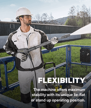 Flexibility
The machine offers maximum stability
with its unique lie-flat or stand up
operating position. Karcher HD613CX Flexibility