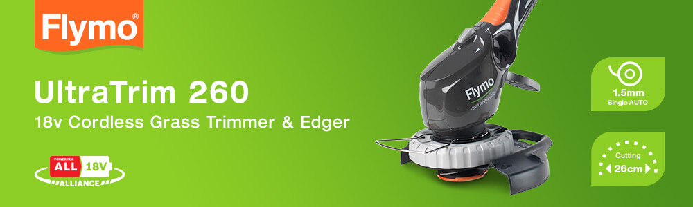 Flymo UltraTrim 260
PowerForAll 18v Cordless
Grass Trimmer and Edger 260mm Flymo UltraTrim 260 P4A PowerForAll 18v Alliance Cordless Grass Trimmer Edger 260mm