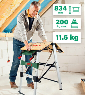 Quick set-up for stable working – anywhere, anytime
Fast and easy set-up for starting right away
Attach flexible clamping jaws for a firm hold, even on
round and awkwardly shaped workpieces
Bamboo surface for a durable workspace
Table folds flat via aluminium construction for
easy transport and storage Bosch PWB 600 Folding Workbench clamping force bamboo surface aluminum frame storage
