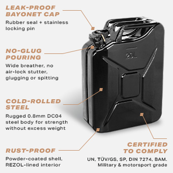 Sirius 20L black metal jerry can features: leak-proof bayonet cap, no-glug pouring, cold-rolled steel, rust-proof lining