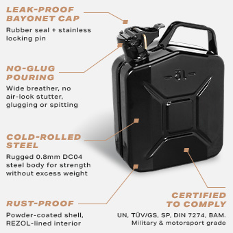 Sirius 5L black metal jerry can features: leak-proof bayonet cap, no-glug pouring, cold-rolled steel, rust-proof lining