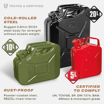 Sirius Metal Jerry Can – Key Features Sirius metal jerry can features: leak-proof bayonet cap, no-glug pouring, cold-rolled steel, rust-proof lining