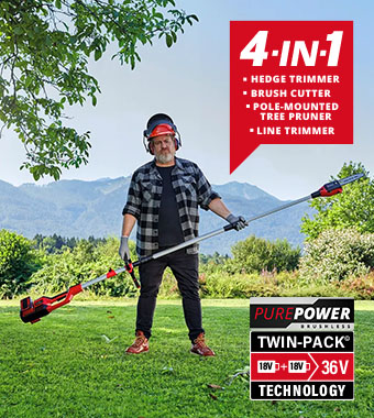 Einhell GE-LM 36/4in1 Li 36V Cordless 4-in-1 Multi-Tool – Hedge Trimmer, Brush Cutter, Tree Pruner, Line Trimmer Einhell GE-LM 36/4in1 Li 36V cordless 4-in-1 multi-tool – hedge trimmer, brush cutter, pole-mounted tree pruner and line trimmer, PurePower Twin-Pack 2x18V 36V technology