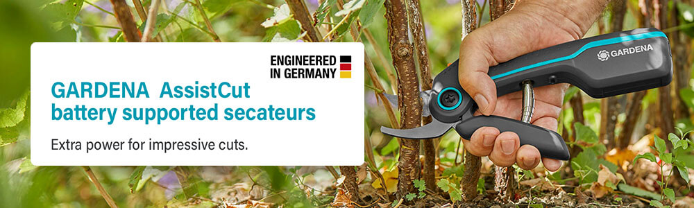 GARDENA AssistCut battery supported secateurs.
Extra power for impressive cuts. Gardena AssistCut Powered battery supported secateurs