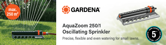 Gardena
Aquazoom 250/1 Oscillating Sprinkler
Precise, flexible and even watering for small lawns. Gardena Aquazoom 2501 Oscillating Sprinkler