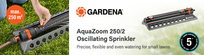 Gardena
Aquazoom 250/2 Oscillating Sprinkler
Precise, flexible and even watering for small lawns. Gardena Aquazoom 2502 Oscillating Sprinkler