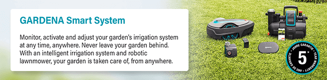 GARDENA Smart System
Monitor, activate and adjust your garden s
irrigation system at any time, anywhere. Never
leave your garden behind. With an intelligent
irrigation system and robotic lawnmower, your
garden is taken care of, from anywhere.
5 Year Manufacturer Warranty Gardena 1920228 Smart System Intelligent Irrigation Controls