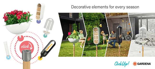 ClickUp! - The all-season lifestyle system
The GARDENA ClickUp! Handle is the basic element for the various
ClickUp! decoration elements. The range includes decorative
elements for every season: from a stylish flower bowl for spring
to an elegant torch for cool autumn evenings.
The practical thing about it: with the innovative GARDENA
ClickUp! System the elements can be exchanged very easily.
One handle-many possibilities! Gardena 1132020 ClickUp Garden Interchangeable Decoration Plant Flower Bowl