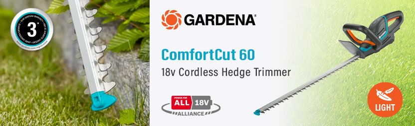 Gardena ComfortCut 60 P4A
18v Cordless Hedge Trimmer
600mm Gardena ComfortCut 60 P4A 18v Cordless Hedge Trimmer 14731-55