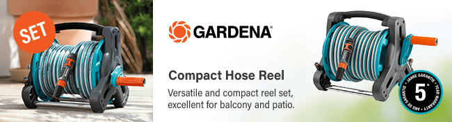 Gardena Compact Hose Reel Set
Versatile and compact reel set,
excellent for balcony and patio. Gardena Compact Hose Reel Set