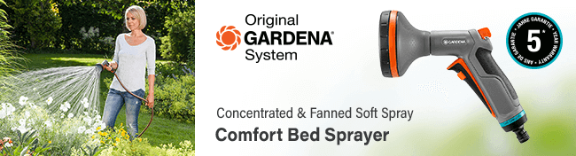 Gardena Original
Comfort Bed Sprayer
Concentrated and Fanned soft spray pattern. Gardena ORIGINAL Comfort Bed Sprayer
