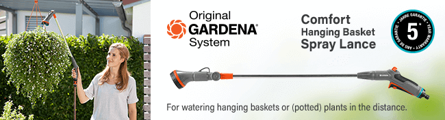 Gardena Original
Comfort 2in1 Hanging Basket Spray Lance
Ideal for watering hanging baskets or
(potted) plants in the distance. Gardena ORIGINAL Comfort 2in1 Hanging Basket Spray Lance