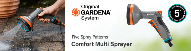 Gardena Original
Comfort Multi Sprayer
Five spraying patterns. Gardena ORIGINAL Comfort Multi Sprayer