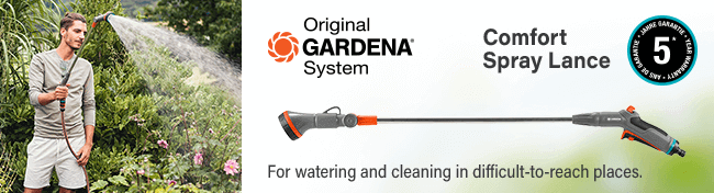 Gardena Original
Comfort Adjustable 2in1 Spray Lance
For watering plants and cleaning remote areas. Gardena ORIGINAL Comfort Adjustable 2in1 Spray Lance