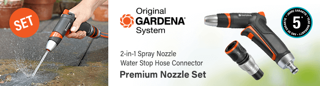 Gardena Original
Premium Cleaning Metal Nozzle
and Aqua Stop Connector Set Gardena ORIGINAL Premium Cleaning Metal Nozzle Aqua Stop Connector Set