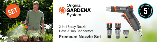 Gardena Original
Premium Water Cleaning Spray and
Basic Nozzle Tap Connectors Set Gardena Original Premium Water Cleaning Spray Basic Nozzle Tap Connectors Set