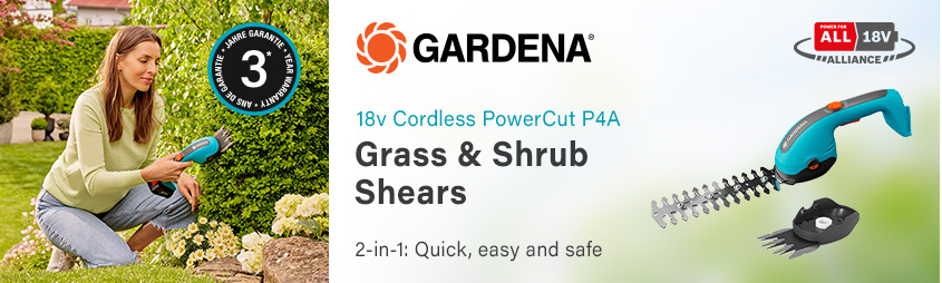 Gardena PowerCut 20 P4A
18v Cordless Grass and Shrub Shears Gardena 14750-55 PowerForAll PowerCut 20 P4A 18v Cordless Grass Shrub Shears