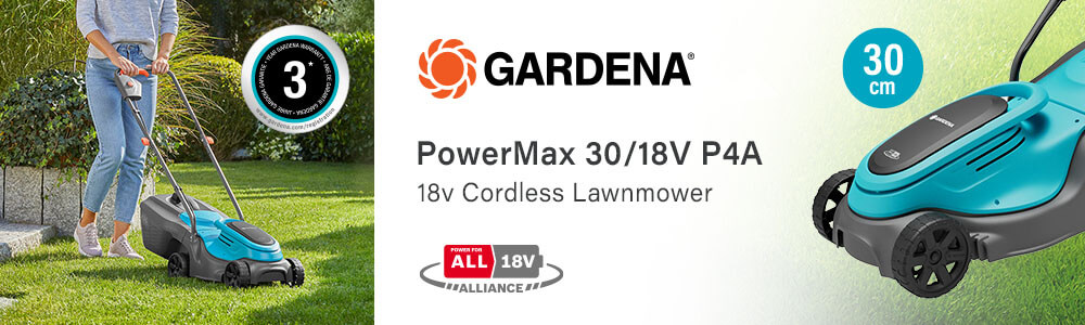 Gardena PowerMax 30 P4A
18v Cordless Rotary Lawnmower 300mm Gardena POWERMAX 30P4A 18v Cordless Rotary Lawnmower 300mm 14630-55