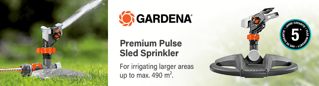 Gardena
Full or Part Circle
Premium Pulse Sled Sprinkler
For irrigating larger areas up to max. 490 m². Gardena Premium Full Part Circle Pulse Sled Sprinkler