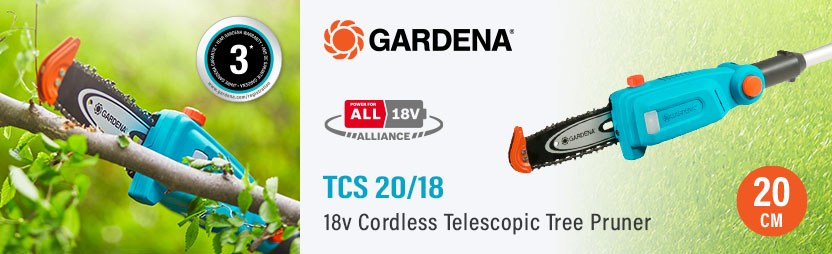 Gardena TCS 20/18 P4A
18v Cordless Telescopic
Tree Pruner 200mm Gardena TCS 20/18 P4A 18v Cordless Telescopic Tree Pruner 14770-55