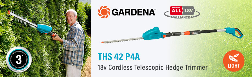 Gardena THS 42 P4A
18v Cordless Telescopic
Hedge Trimmer 420mm Gardena THS 42 P4A 18v Cordless Telescopic Hedge Trimmer 420mm 14732-55