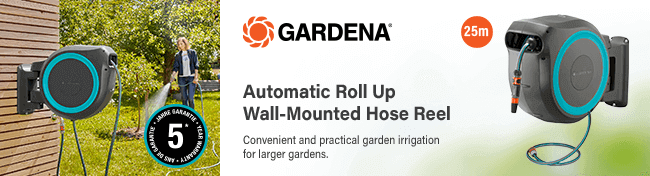 Gardena
Automatic Roll-Up
25m Wall-Mounted Hose Reel
Convenient and practical garden irrigation
for larger gardens. Gardena Wall Mounted Automatic Roll Up Hose Box Reel