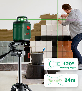 The all-rounder for precise alignment
• Opening angle of 120° for long laser lines
even at short working distances.
• 24 m Diameter working range. Bosch 0603663B07 AdvancedLevel 360 Self-Levelling Cross Line Green Laser Level Tripod