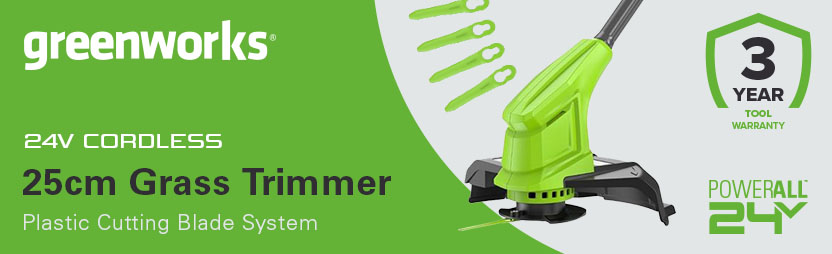 Greenworks ST24B 24v Cordless Grass Trimmer with replaceable plastic blades Greenworks ST24B 24v Cordless Grass Trimmer uses replaceable plastic blades rather than a length of trimming line on a spool.